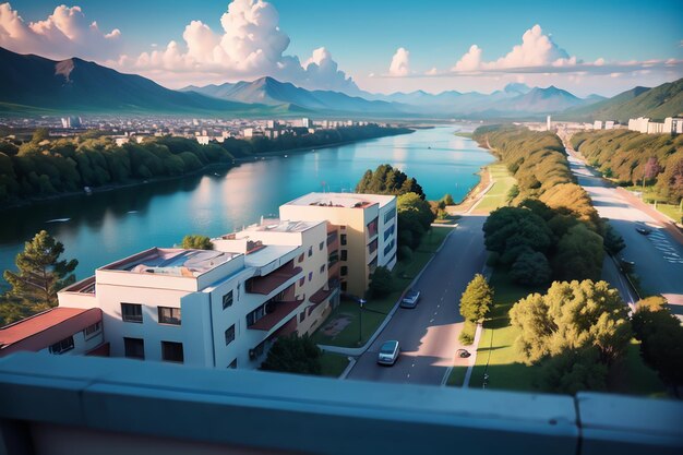 A view of a river and a building with a sky background