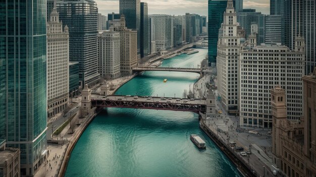 A view of a river in chicago with a boat in the water.