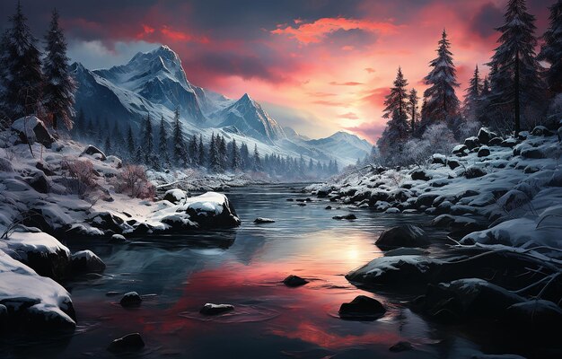 a view of a river covered in snow covered trees in the style of ethereal cloudscapes