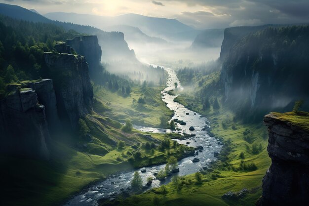 view of the river from mountains Generative Ai