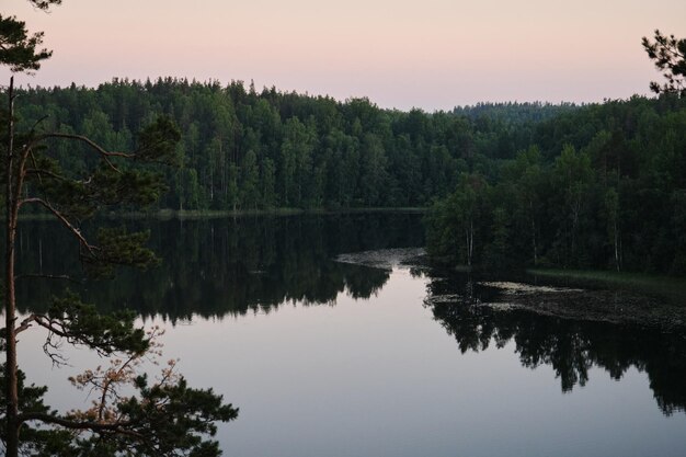 View of river from Parnas rock Popular tourist route Reflection of trees in water Lake Yastrebinoe