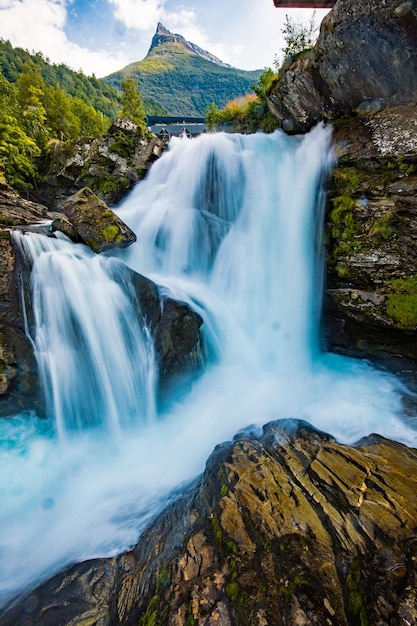 View of the river Geirangerelvi and the waterfall Storfossen in Geiranger Norway