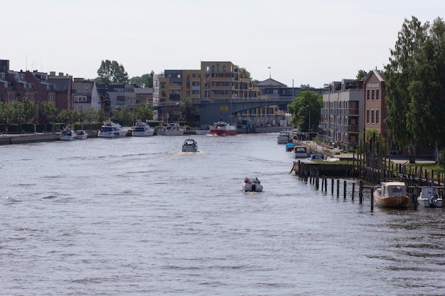 Photo view on the river glomma from the bridge in fredrikstad city norway