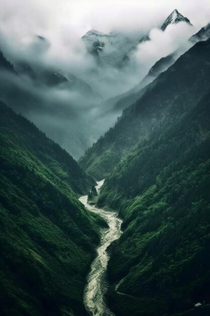 A view of a river running through a lush green valley generative ai