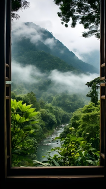 창문을 통해 보이는 강 풍경 열린 창문에서 보이는 풍경