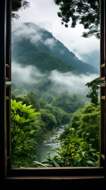 a view of a river through a window View from open window