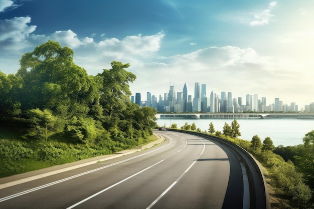 View of road highway with lake garden and modern city skyline in background