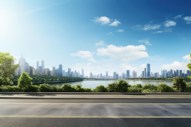 湖の庭園と近代的な都市のスカイラインを背景にした高速道路の眺め