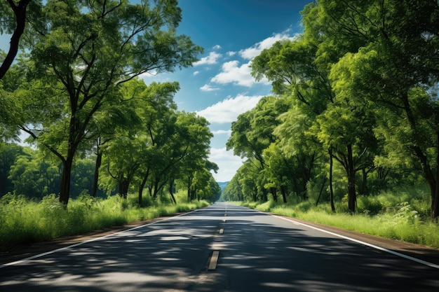 View of road through green forest Generative AI