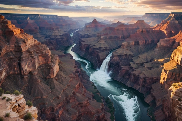 view of rock mountains with waterfall and river