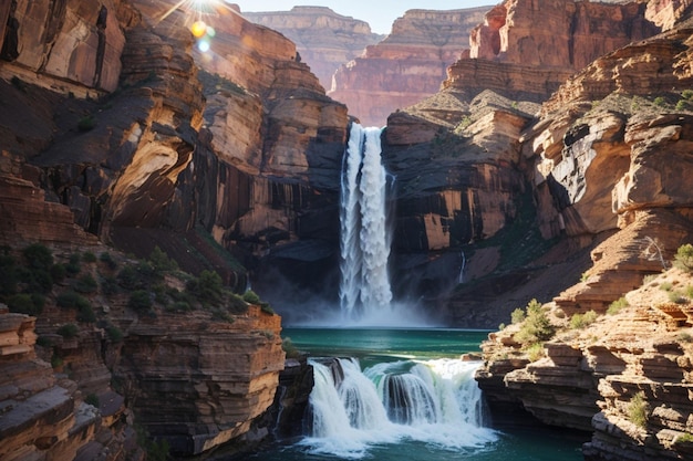 view of rock mountains with waterfall and river