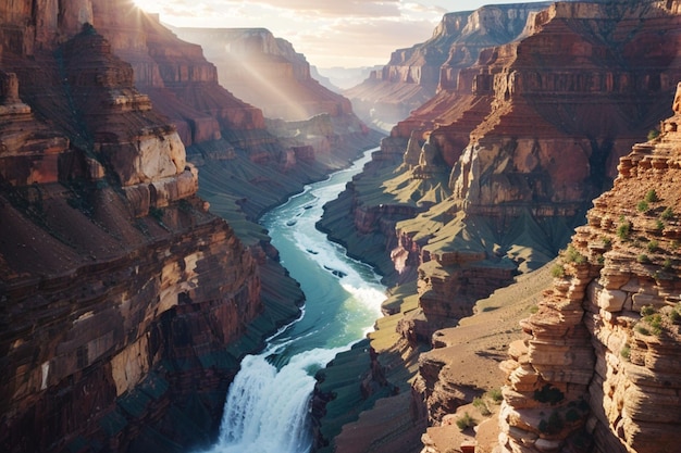 view of rock mountains with waterfall and river