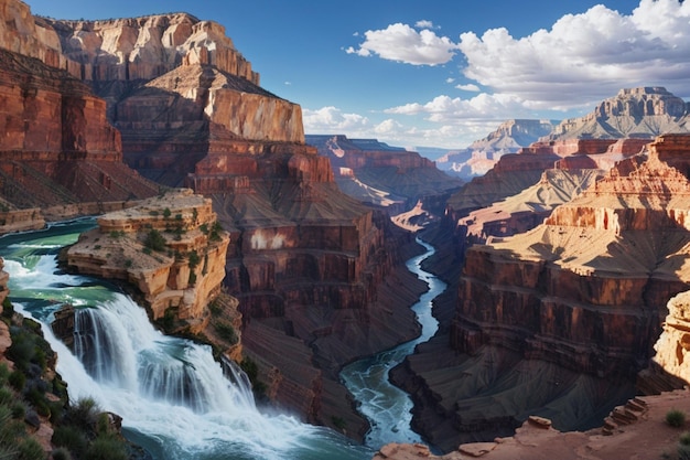 view of rock mountains with waterfall and river