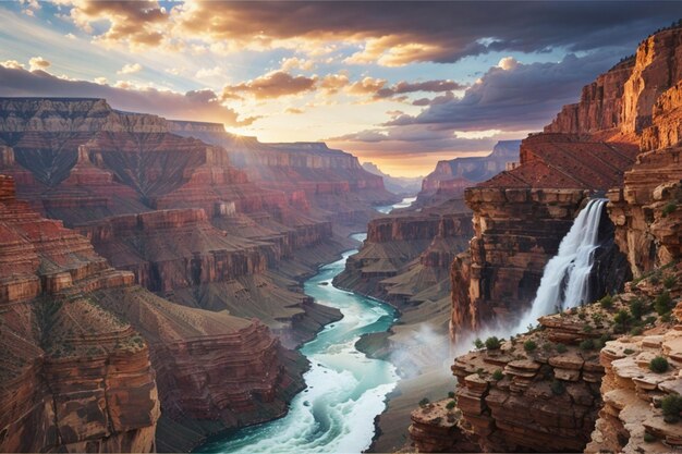 view of rock mountains with waterfall and river