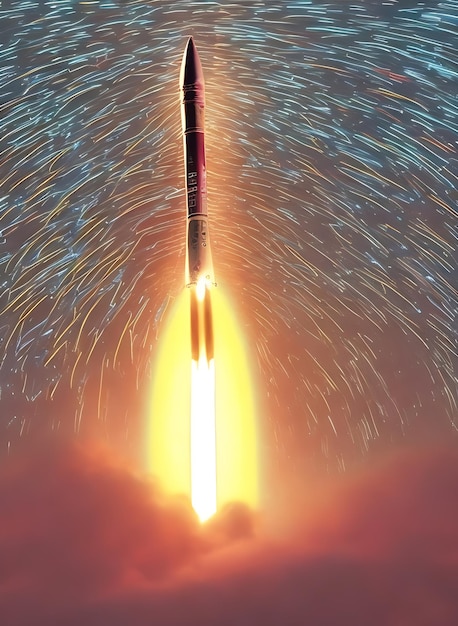 View of a rocket launch ascending into the heavens its engines blazing with light