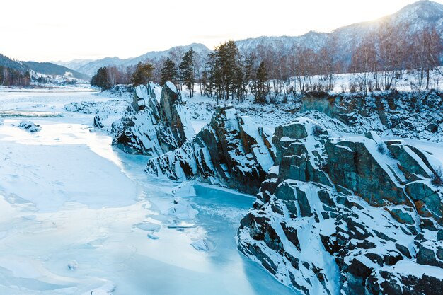 View of rocks, stones and ice in the river at winter