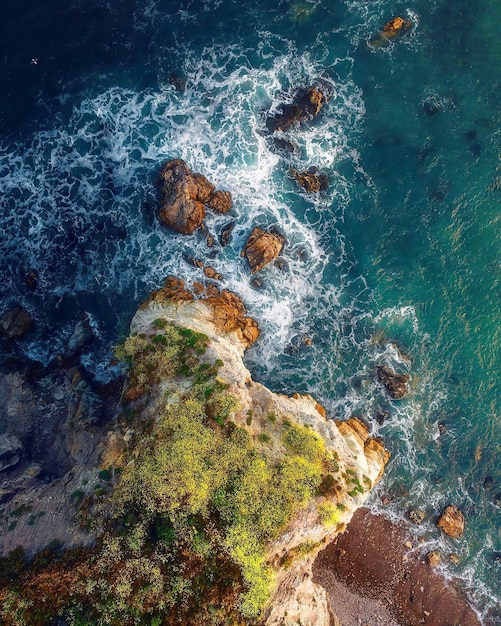 A view of a rocky coast from above.