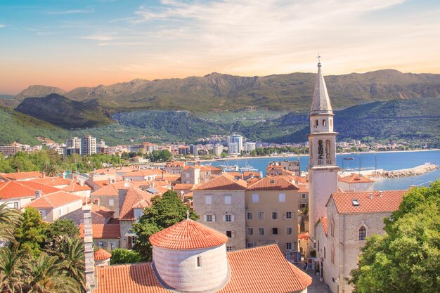 View of the rooftops and the bay of Budva in Montenegro in the summer sunny day