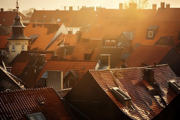 Вид на крыши города при заходе солнца