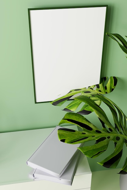 Visualizza l'arredamento della camera composto da cornice su un rendering 3d mockup verde