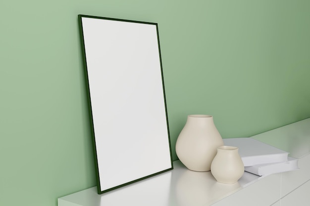 View room decor made up frame and vase on a green mockup d render