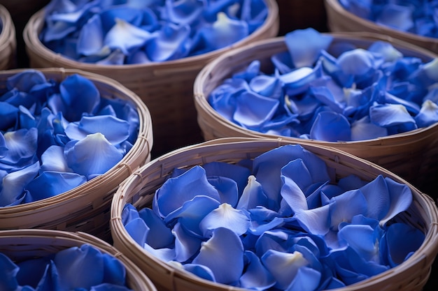 View of rose petals in wicker baskets