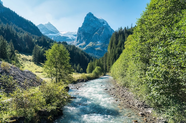 View of Rosenlaui with wellhorn and Reichenbach river in summer at Bern Switzerland