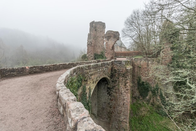 View of the ruins of roslin castle in a mist day in edinburgh\
scotland