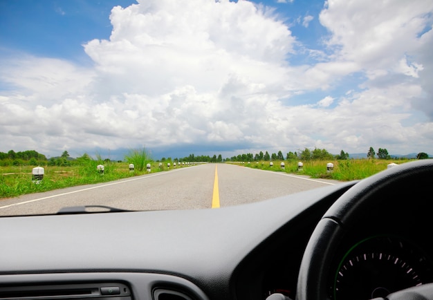 The view of the rural countryside area from inside the car