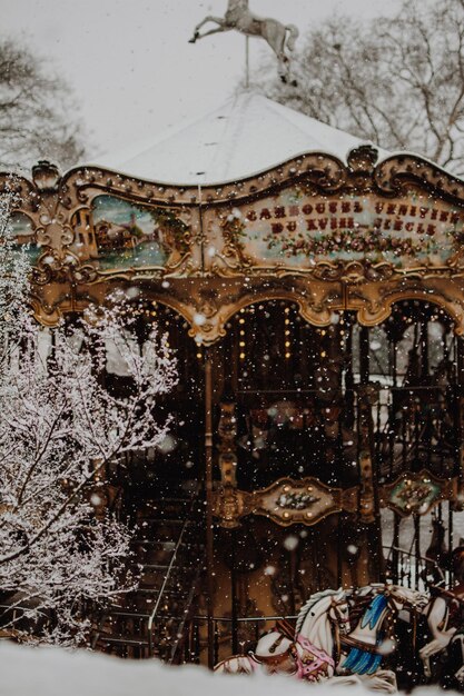 Foto vista di una giostra rustica durante l'inverno