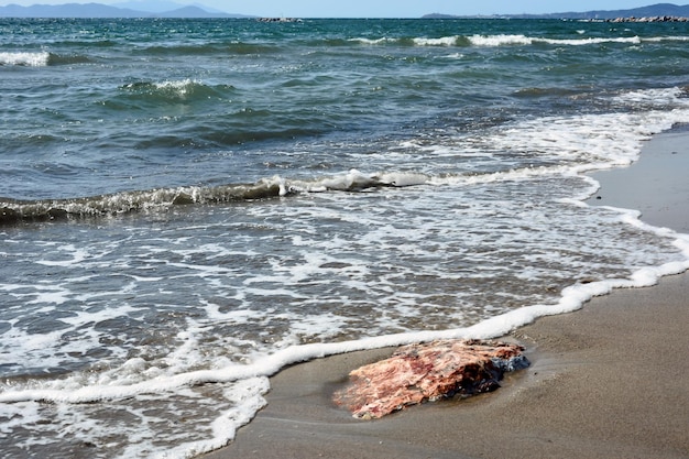 A view of a sandy sea or ocean beach and a large stone in it Waves are coming to the shore