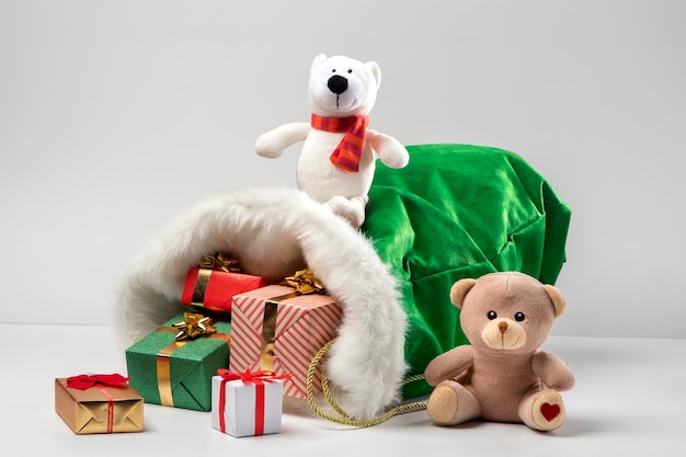 View of santa claus bag with presents and toys