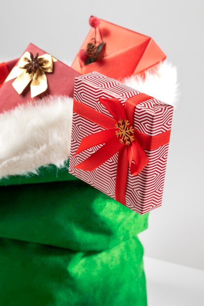 Photo view of santa claus bag with wrapped presents