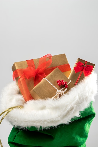 Photo view of santa claus bag with wrapped presents