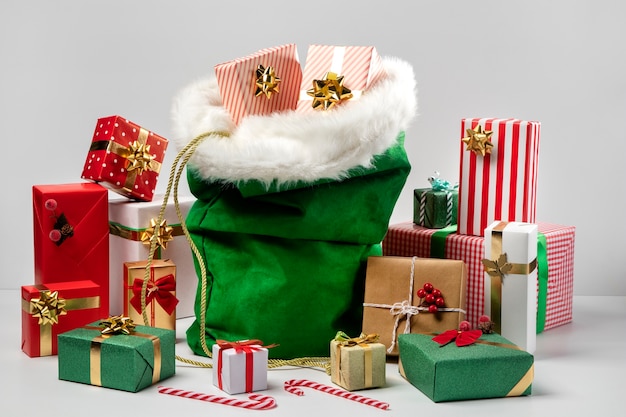 Photo view of santa claus bag with wrapped presents