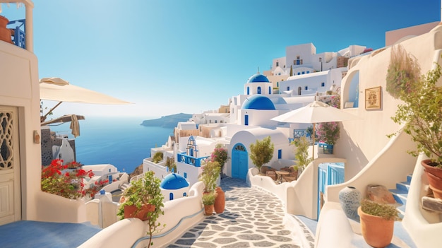 A view of santorini with blue buildings and a blue sky.