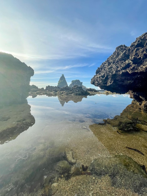 view of Sawarna beach with rocks