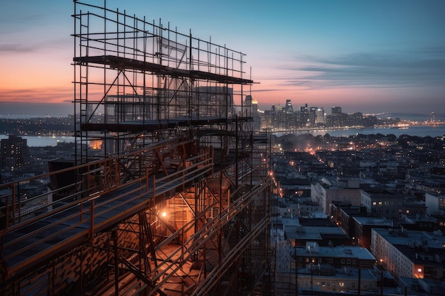 A view of scaffolding at dusk with the city in the background