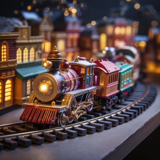 Photo view of a scale model colorful metallic toy train