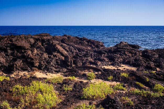 View of the scenic lava rock cliff  in the Linosa island. Sicily