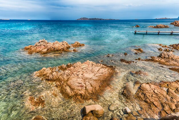 View over the scenic Spiaggia del Principe Sardinia Italy