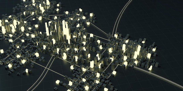 view of schematic city metropolis at night with illuminated buildings modern business city concept