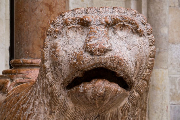 Foto vista alla scultura del leone con prega davanti al duomo di modena, italy