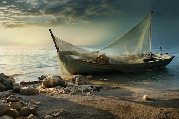 Вид на морское побережье с рыбацкой лодкой на фоне воды на склоне Деревянные рыбацкие лодки