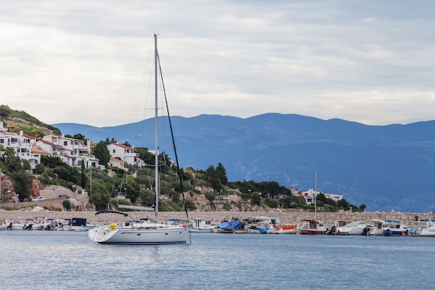 View of the sea, mountains  and ship in cloudy weather. Coast with houses on background