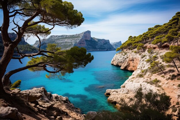 Photo view of the sea and rocks from the high shore majorca