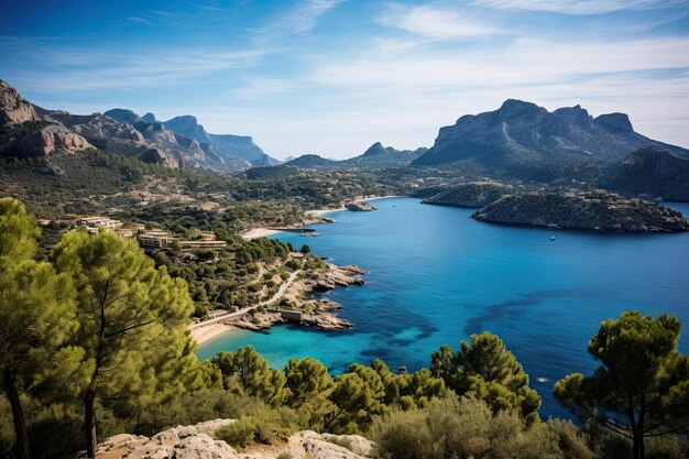 Photo view of the sea and rocks from the high shore majorca