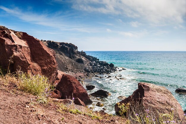 View of the seacoast and the beautiful Red beach. Santorini island, Greece