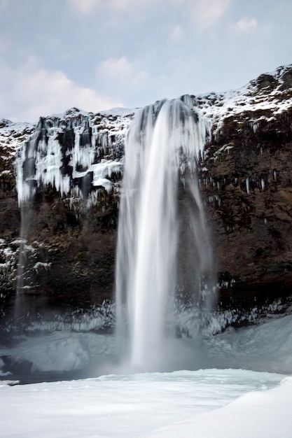 View of Seljalandfoss Waterfall in Winter