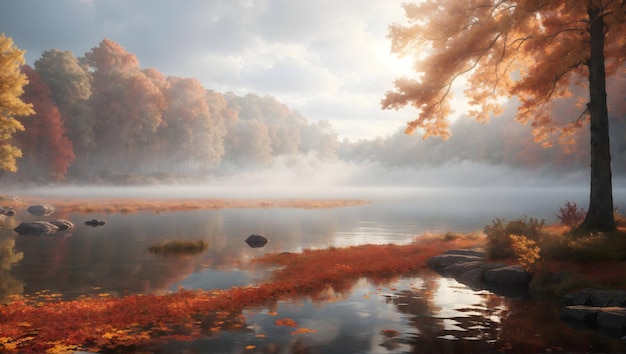 秋の季節に木々に囲まれた静かな湖の景色